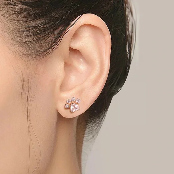 New Rose Gold Paws Zircon Stud Earrings - Picture 2 of 5